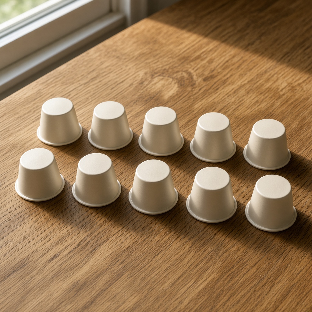 Diez cápsulas de aluminio crema, sin marca, sobre madera
