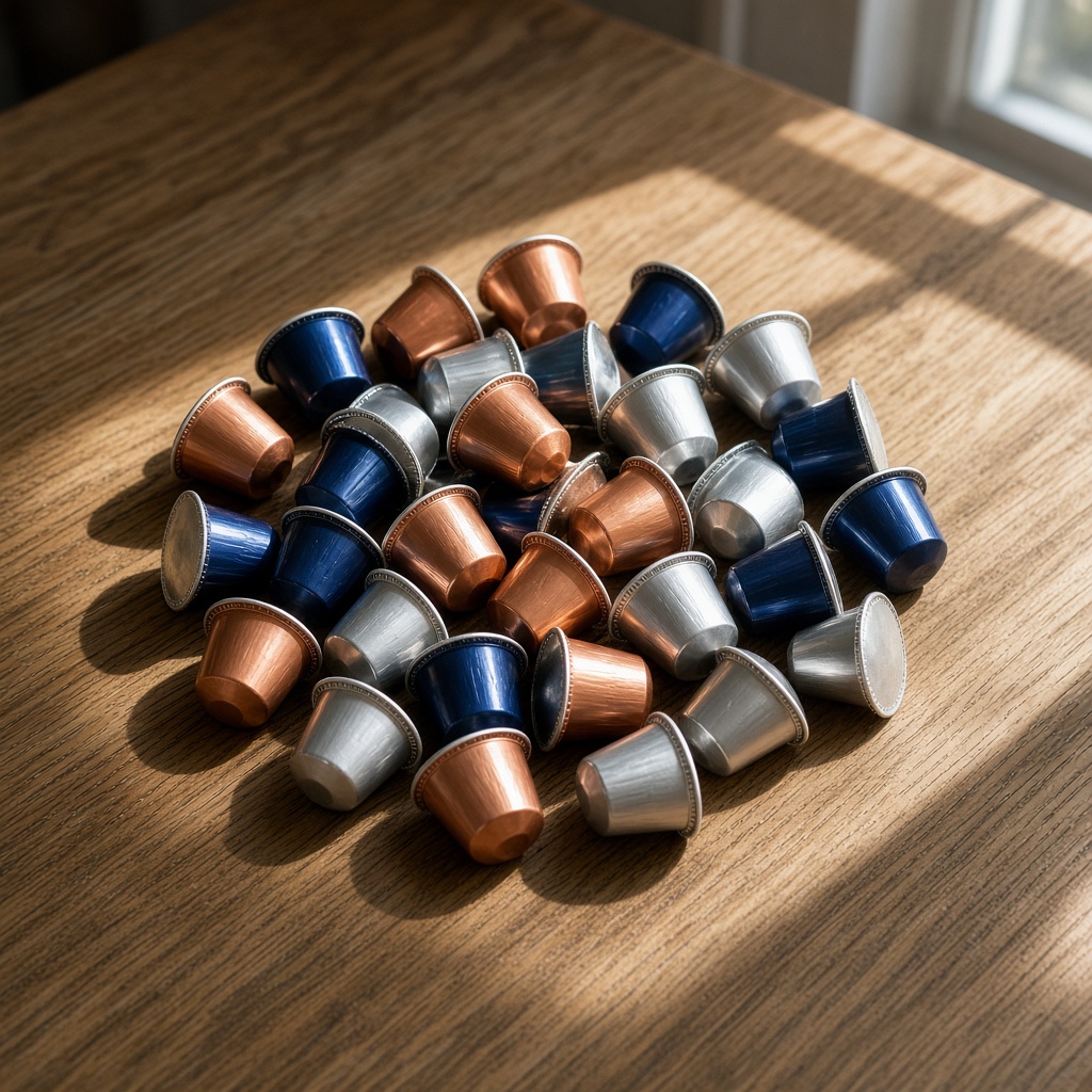 Montón de cápsulas de aluminio en cobre, azul y plata sobre madera