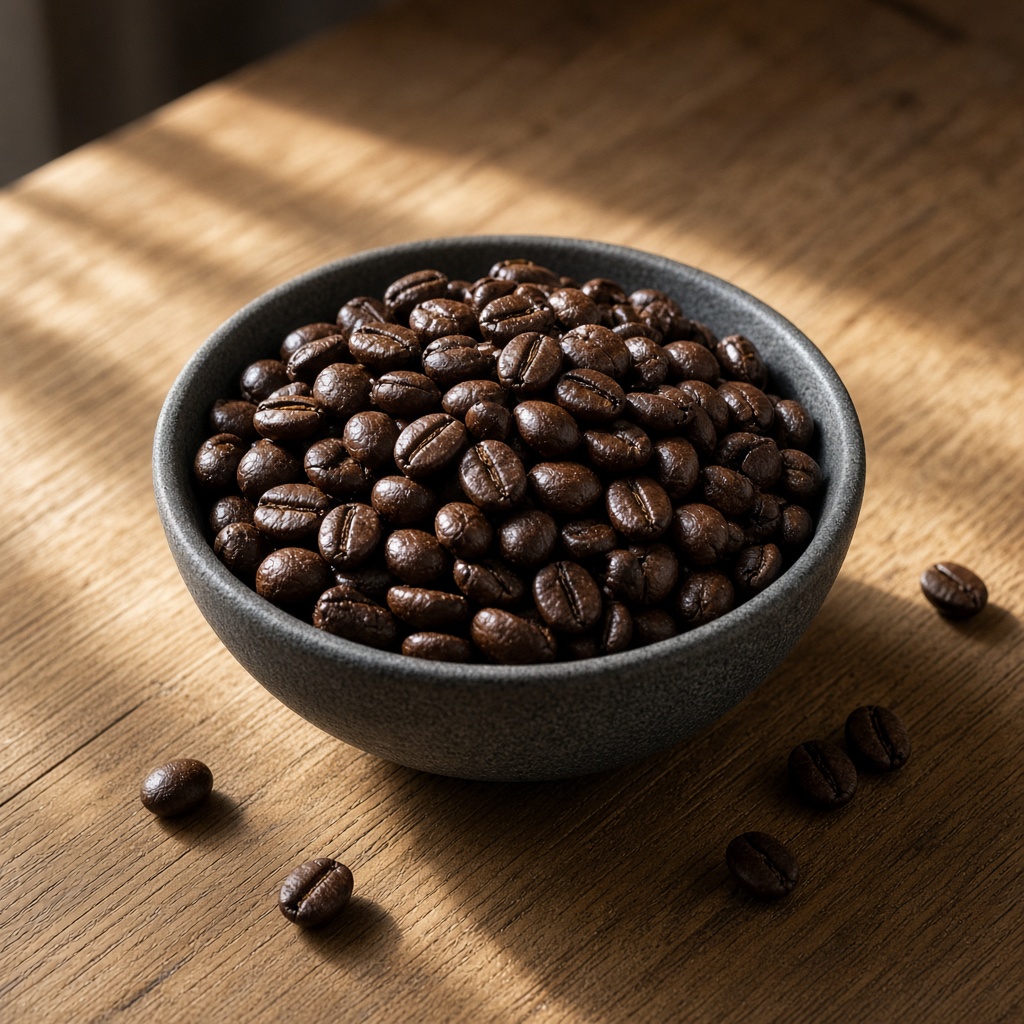 Grano tostado oscuro en un cuenco de gres oscuro sobre madera