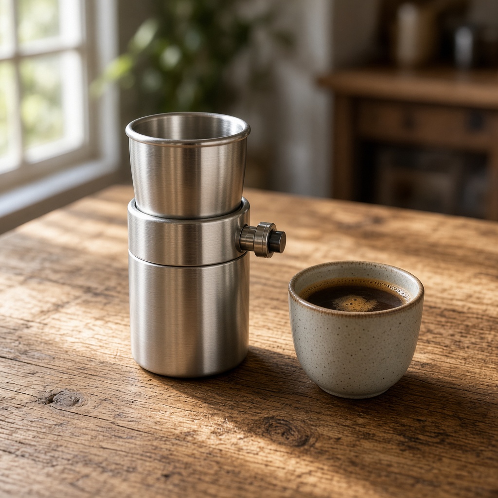 Cafetera portátil de acero con bomba lateral y taza propia, junto a un espresso, sobre madera