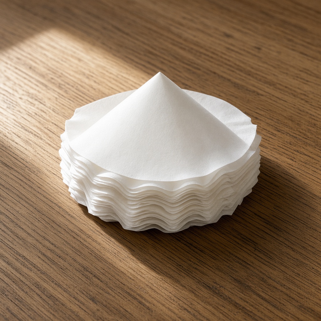Pila de filtros de papel blancos sobre una mesa de roble