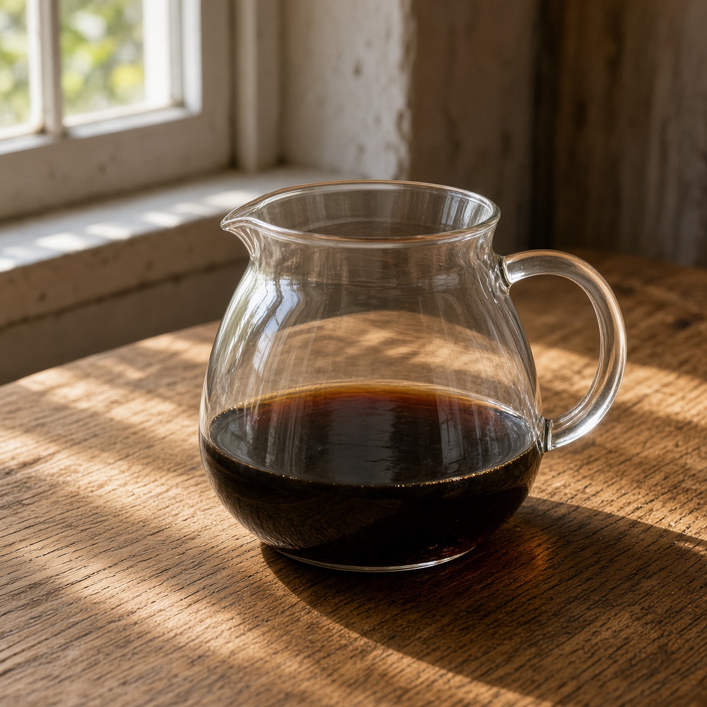 Jarra de cristal con asa y pico, con café, sobre madera