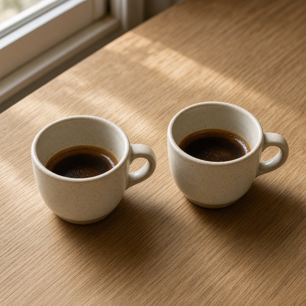 Dos tazas de cerámica clara sobre madera, una con espresso