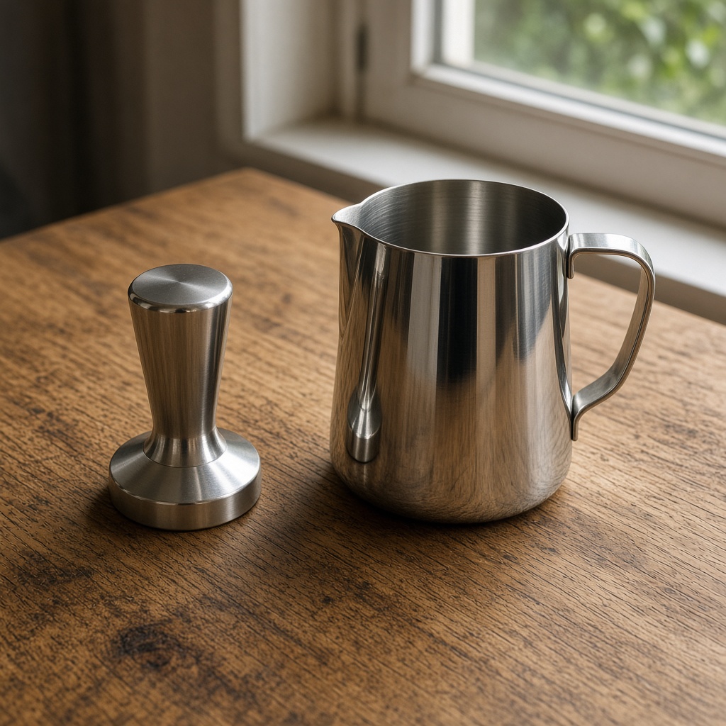 Tamper de acero y jarra de leche sin marca sobre una mesa de roble