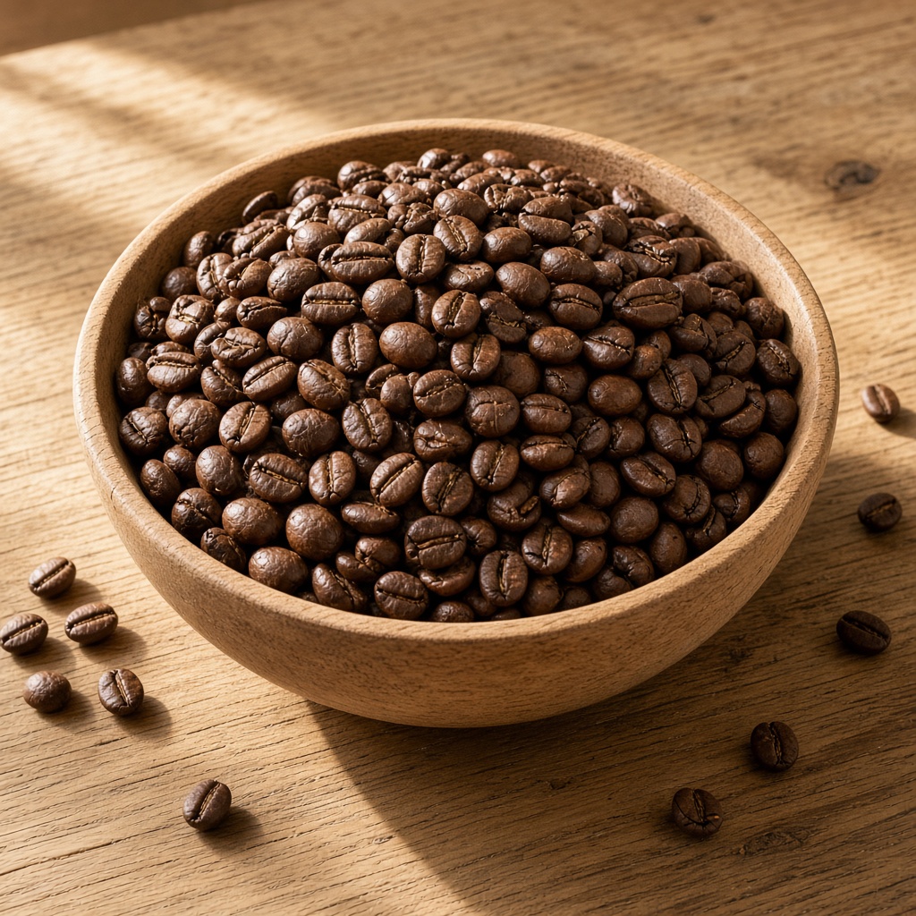 Montón de café en grano en un cuenco ancho de madera