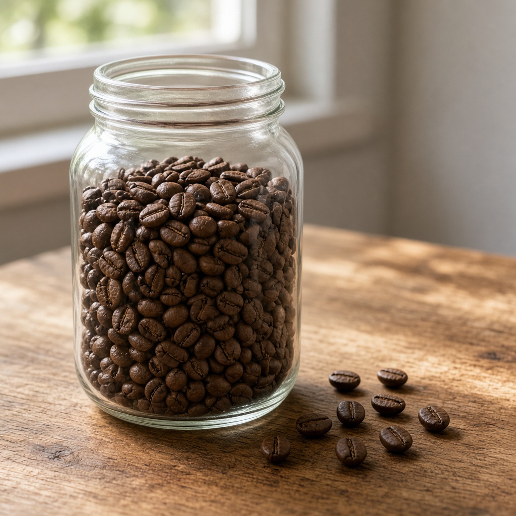Café en grano en un tarro de cristal sin etiqueta, sobre madera