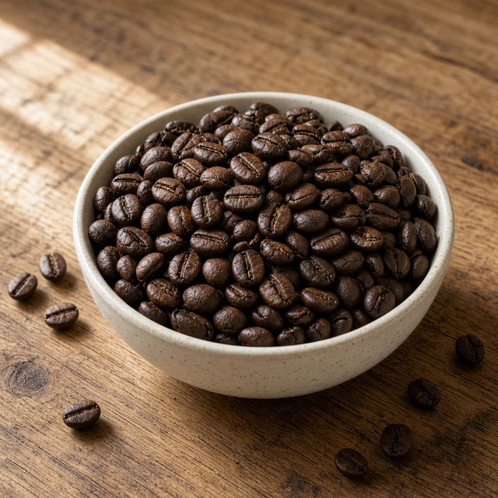 Café en grano tostado, de color castaño, en un cuenco de cerámica sobre madera