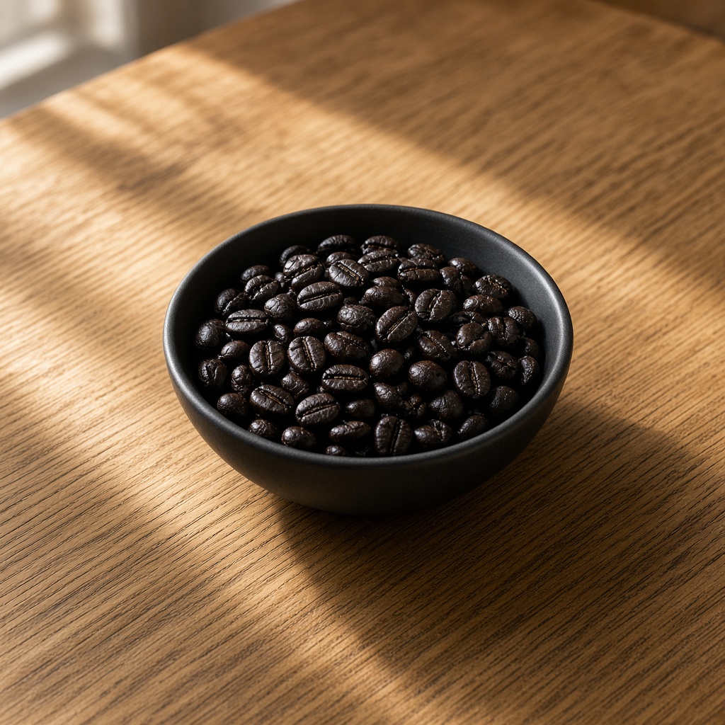 Grano casi negro en un cuenco negro mate sobre una mesa de roble