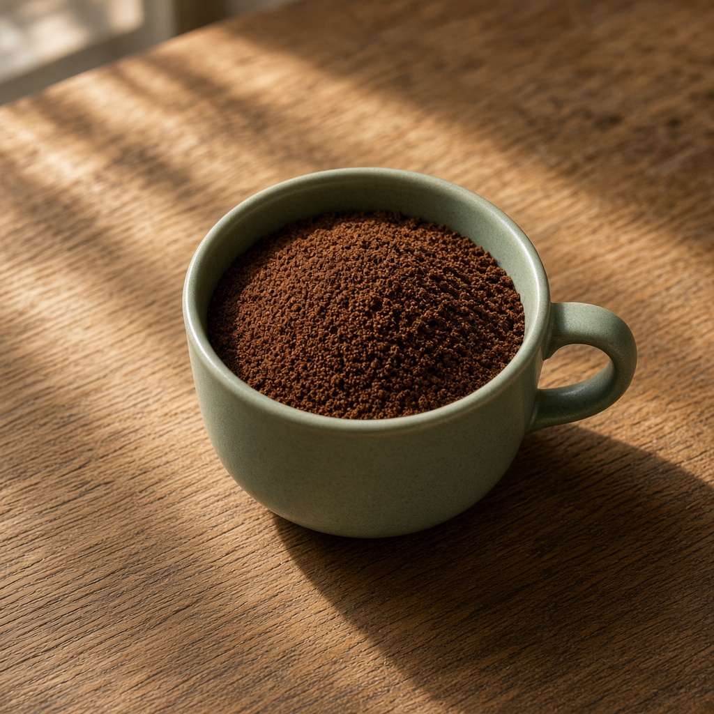 Café molido de color castaño en una taza de cerámica verde sobre madera