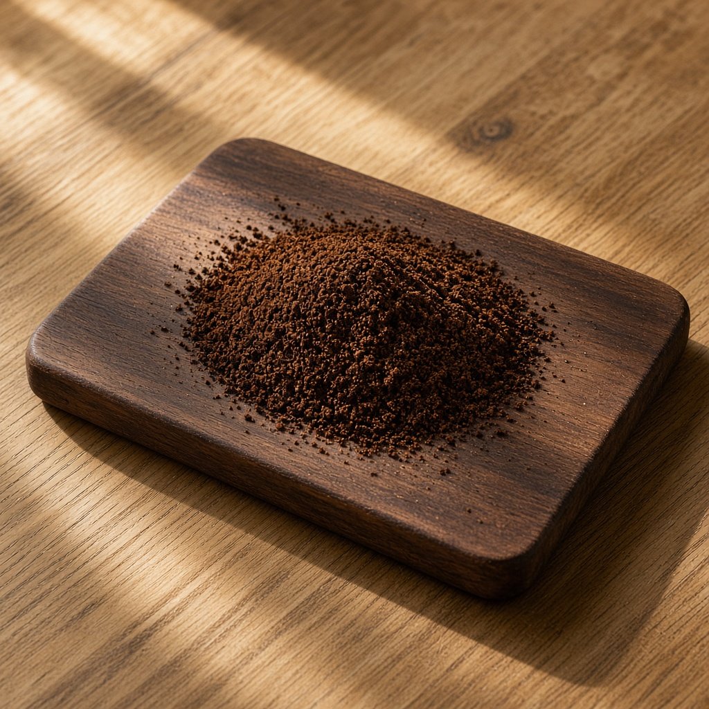 Café molido oscuro sobre una tabla de nogal