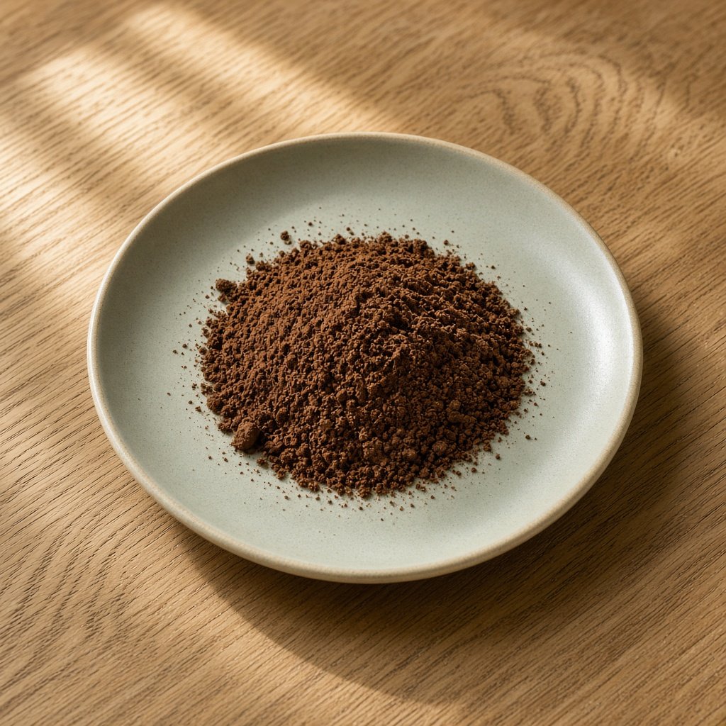 Café molido claro en un plato de cerámica verde sobre madera