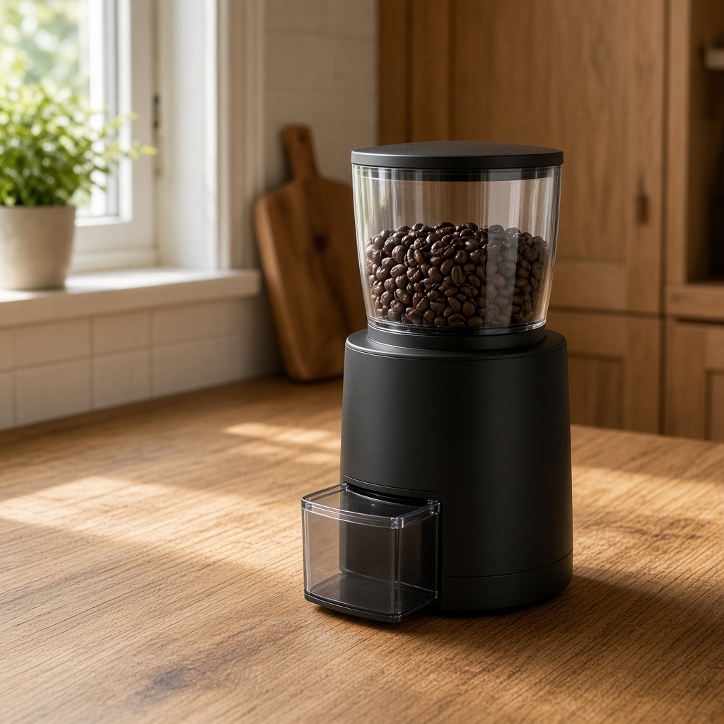 Molinillo eléctrico negro de encimera sobre madera