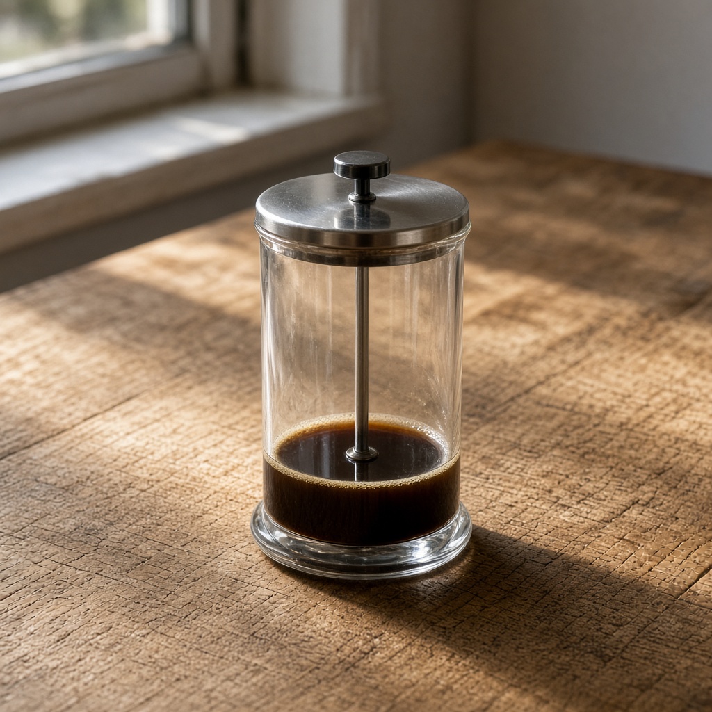 Prensa francesa pequeña de vidrio con café, sobre madera
