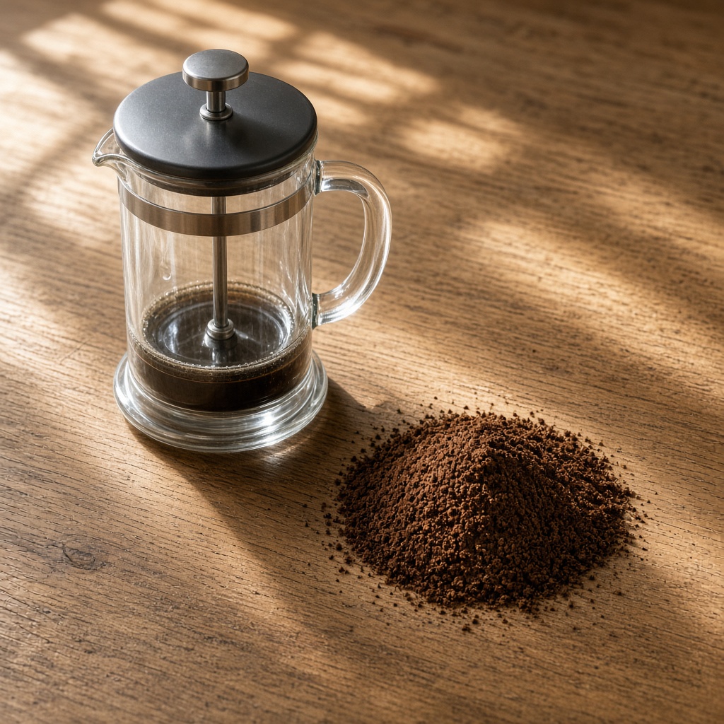 Prensa pequeña de vidrio y café molido sobre una mesa de roble