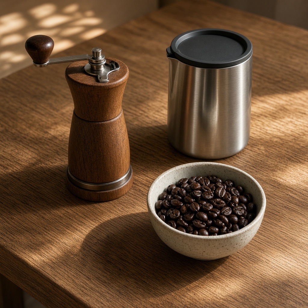 Molinillo manual, jarra espumadora de acero y cuenco de café en grano sobre madera