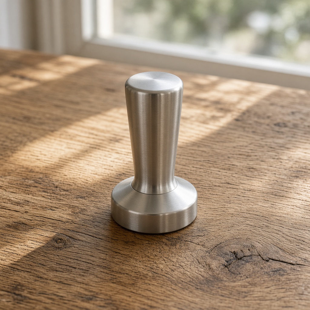 Tamper de acero sin marca sobre una mesa de roble
