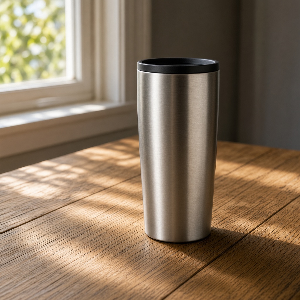 Taza de viaje alta de acero con tapa negra, sobre madera