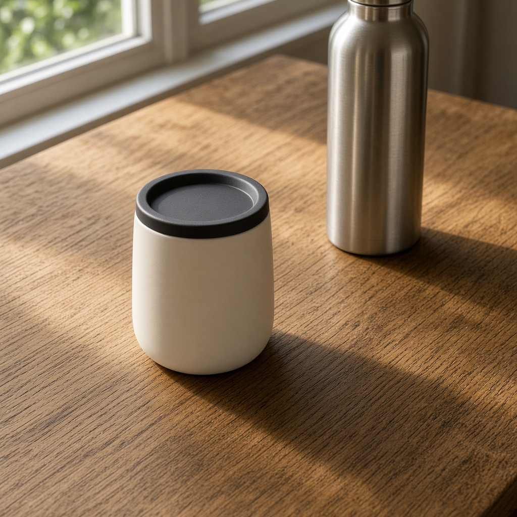 Taza de viaje baja de cerámica crema con tapa oscura, sobre madera
