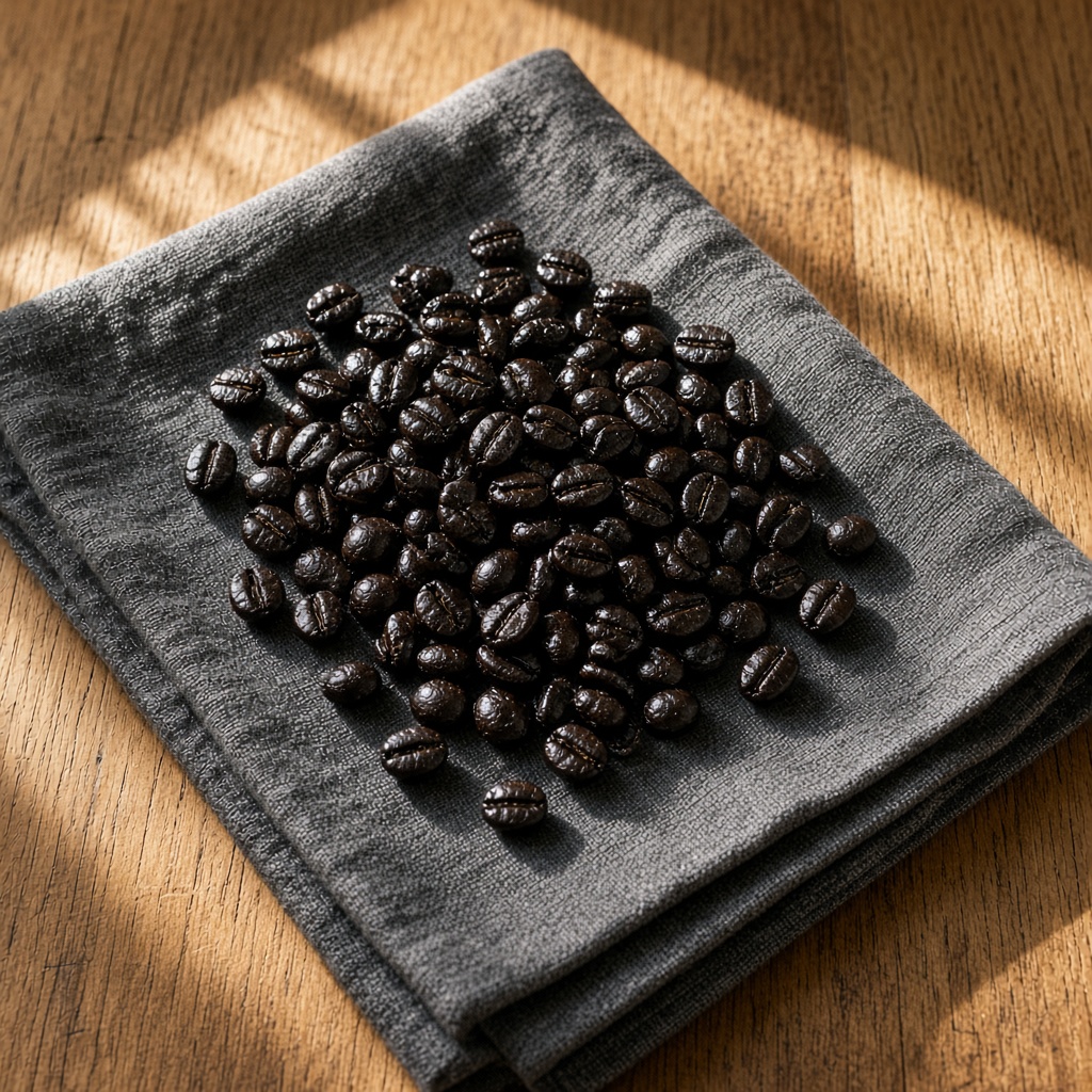 Grano oscuro de tueste espresso sobre un paño de lino oscuro